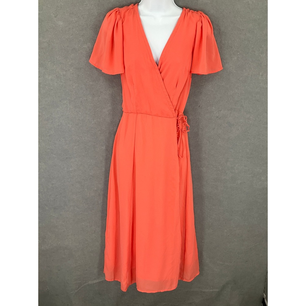 Abercrombie & Fitch Wrap Midi Dress Coral Flutter‎ Sleeve Womens Sz S